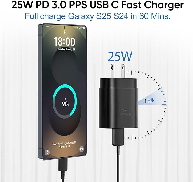 25W Super Fast USB C Charger Block & 6.6FT Android Phone Type C Charger Cable Cord for Samsung Galaxy S25 Ultra/S24+/S24/S23 Ultra/S23/S22 Ultra/S22/S21/S20 /Note10 20-Black
