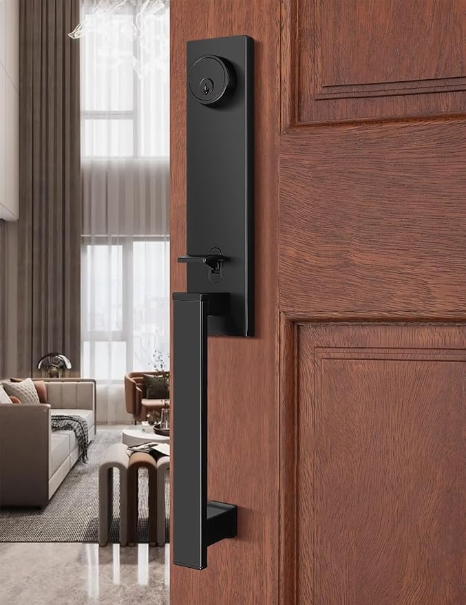 Full Escutcheon HandleSet Front Door Entry Handle and Deadbolt Lock Set Slim Square Single Cylinder Deadbolt and Lever Heavy Duty – Matte Black Finish