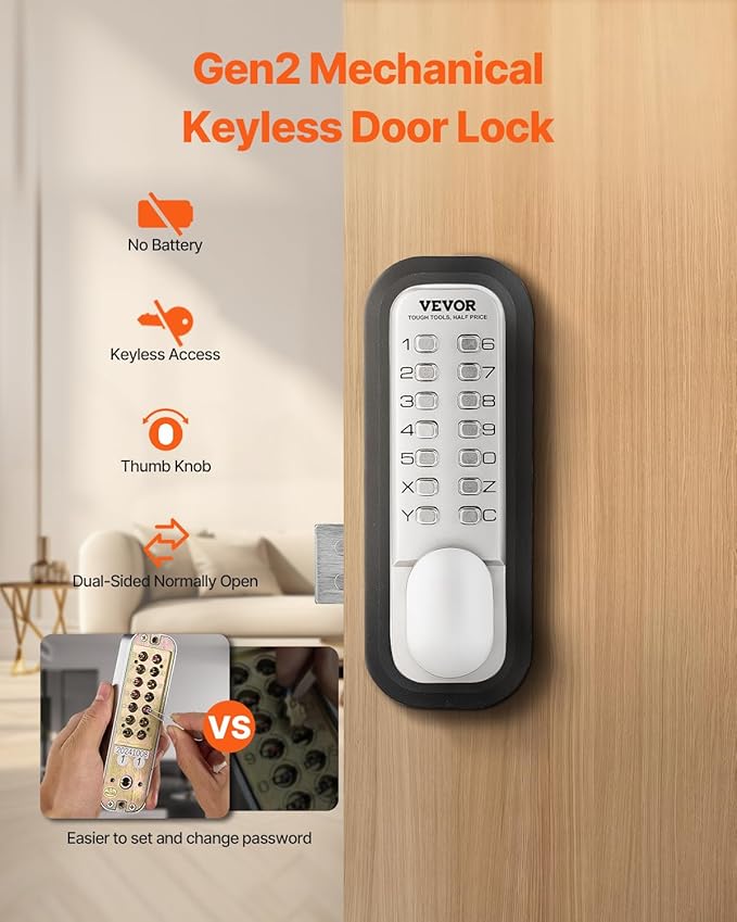 VEVOR Mechanical Keyless Entry Door Lock, 14 Key Door Lock, Mechanical Keypad with Adjustable Thumb Knob, Single-Side Zinc Alloy Waterproof Keyless Gate Lock, for Home Office