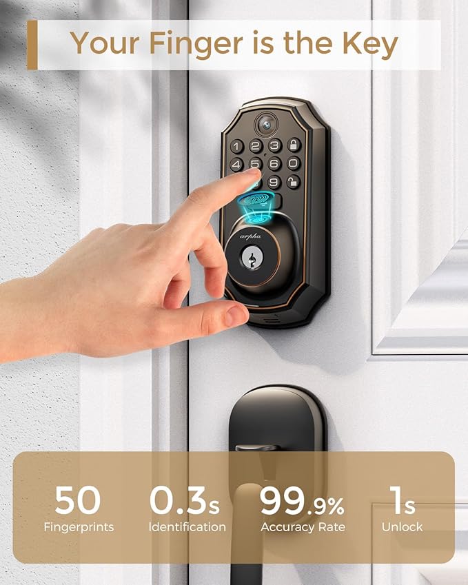 Keyless Entry Deadbolt with Handle Set - WiFi Smart Lock with Camera, 5-in-1 Camera+Doorbell+Fingerprint+Keypad, App Control, Auto Lock, Easy Install, Waterproof for Front Door