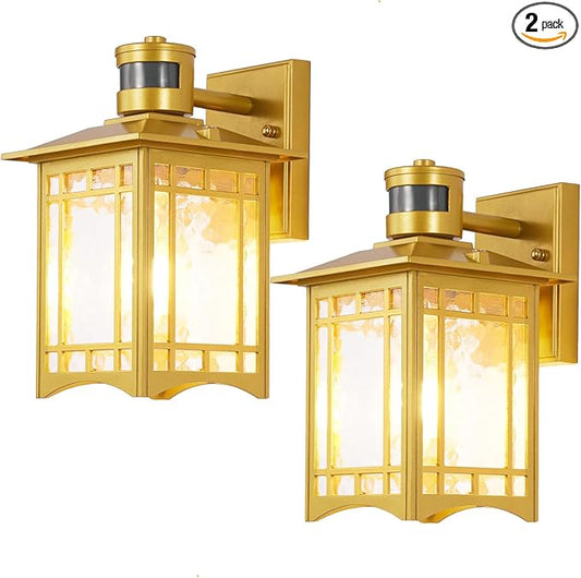 2 Pack Motion Sensor Outdoor Lights, Dusk to Dawn Lighting, LED Exterior Light Fixture, Anti-Rust Lantern for Front Porch, Waterproof Golden Outdoor Wall Sconce for House, Garage, Patio