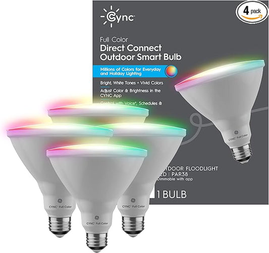 GE CYNC Smart LED Light Bulbs, Color Changing Lights, Bluetooth and Wi-Fi Lights,Compatible with Alexa and Google Home, PAR38 Outdoor Floodlight Bulbs (4 Pack)