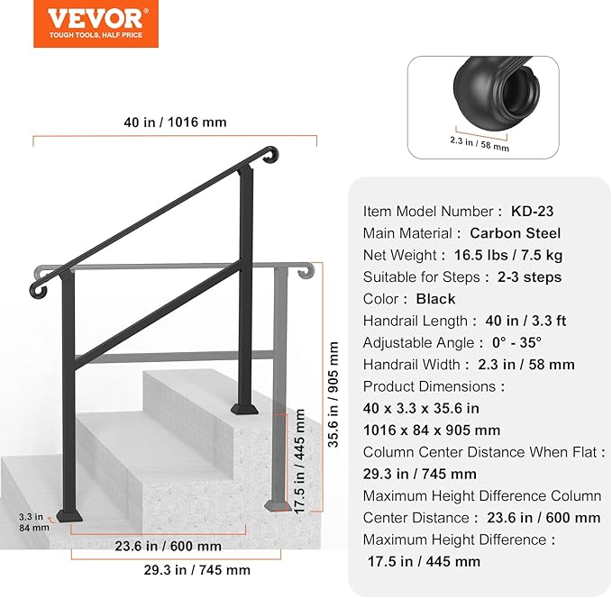 VEVOR Handrails for Outdoor Steps, 2-3 Step Stair Hand Rail & Indoor Railing Kit, Railings for Outside Steps with Installation Kit, Hand Rails for Seniors,Porch Railing & Deck Hand Rail, Black