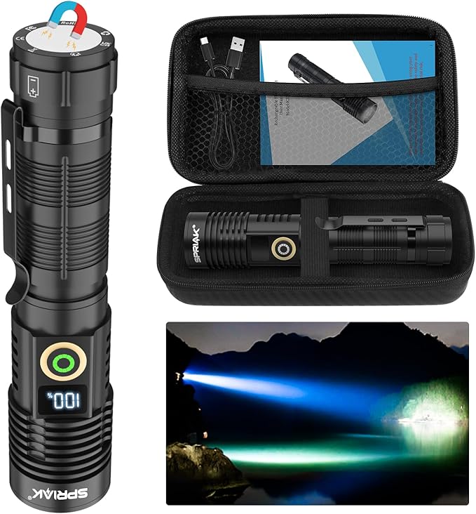Rechargeable Flashlight High Lumens-Super Bright Magnetic Flash Light with Power Digital Display, Long Range,Dimmable,Waterproof,Pocket Handheld Tactical LED Flashlights for Emergency