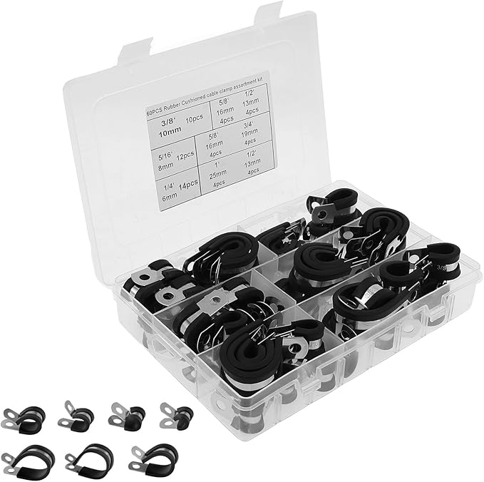 60 Pcs Cable Clamps Assortment Kit, 7 Sizes 304 Stainless Steel Metal Cable Clamp 1/4" 5/16" 3/8" 1/2" 5/8" 3/4" 1" Insulated Wire Clamps Cushion Rubber Coated Pipe Hose Clamp for Pipes and Hoses