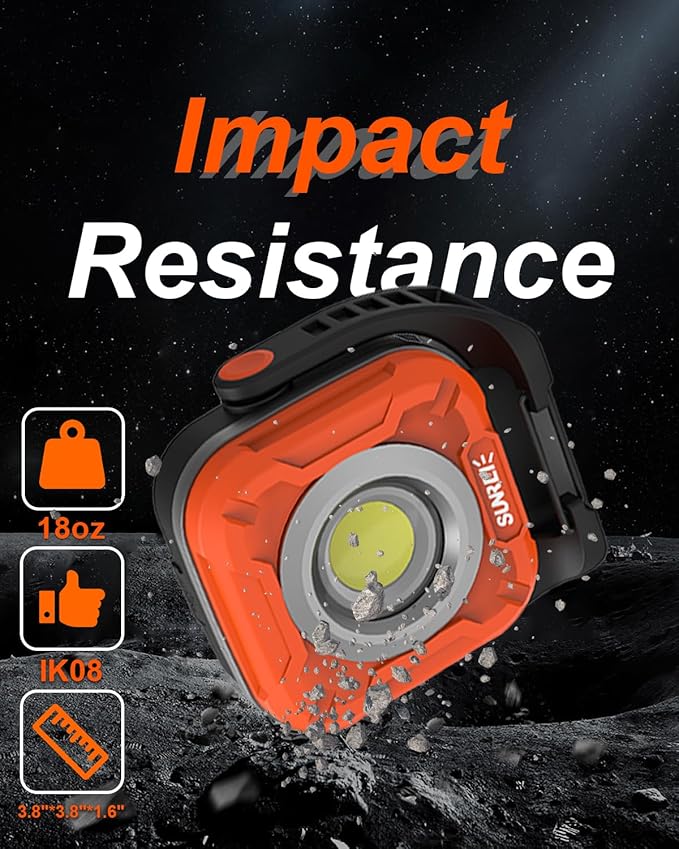 SUNREI 1300LM LED Magnetic Work Light with Stepless Dimming, 7800mAh COB Mechanic Flashlight, IPX65 Recharge Floodlight with Hook, 300° Rotate Job Site Lighting for Car Repairing, Camping, Working