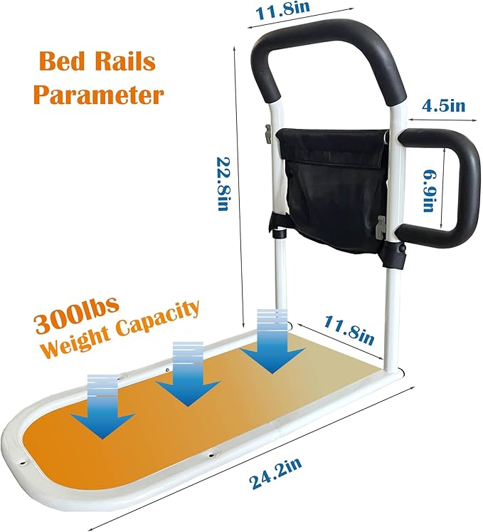 Bed Rails for Elderly Adults Safety, Bed Guard Rail with Dual Grab Bars for Seniors & Patients,Motion Light & Storage Pocket Support Up to 300lbs Fits King, Queen, Full, Twin Bed