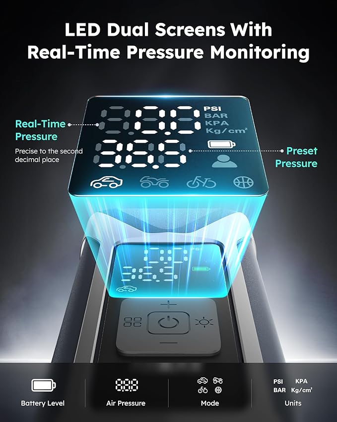 T10 Tire Inflator Portable Air Compressor - 160 PSI Portable Tire Pump with 7500mAh Battery - Cordless Air Pump with Pressure Gauge and Auto Shut-Off Function for Car, Motorcycle, Bike, Ball