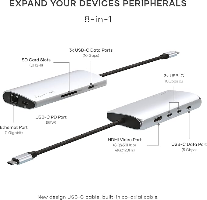 Satechi 8 in 1 USB C Hub Multiport Adapter V3, 8K HDMI, 100W Charging, 4 USB Data Ports, Ethernet, SD Card Reader, for Laptop, for Mac/Windows, MacBook Pro/Air M4/M3/M2/M1, iPad, iPhone 16 - Silver