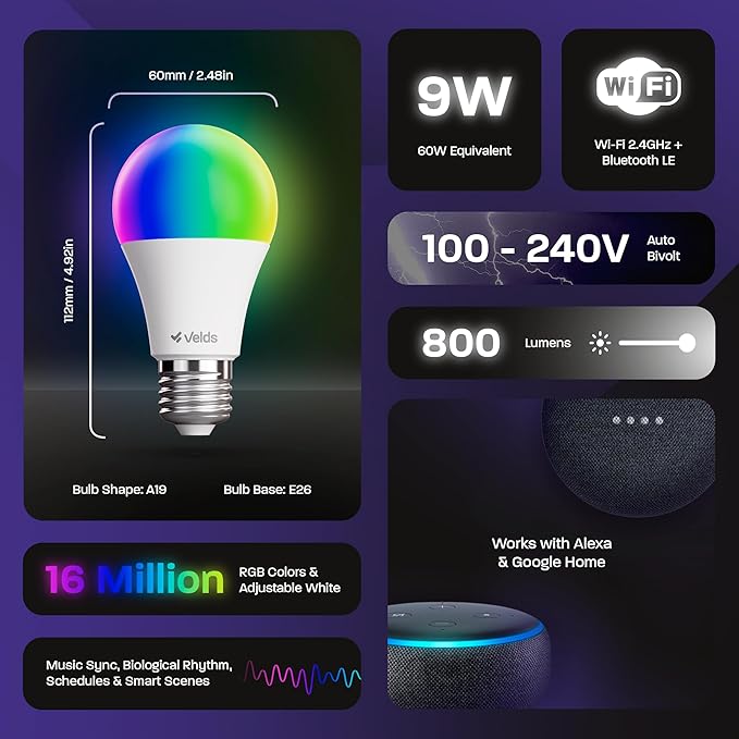 Smart LED Light Bulb 9W (60W Equivalent) - RGB Color Changing & Tunable White, WiFi+Bluetooth, Music Sync, Alexa & Google Home Compatible, No Hub Required, A19 E26 Dimmable, 800 Lumens, 4 Pack