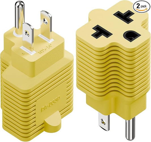 4-in-1 15 Amp to 20 Amp T Blade Adapter, 5-15P to 5-20R, 6-15R, 6-20R, Yellow, 2 Pack