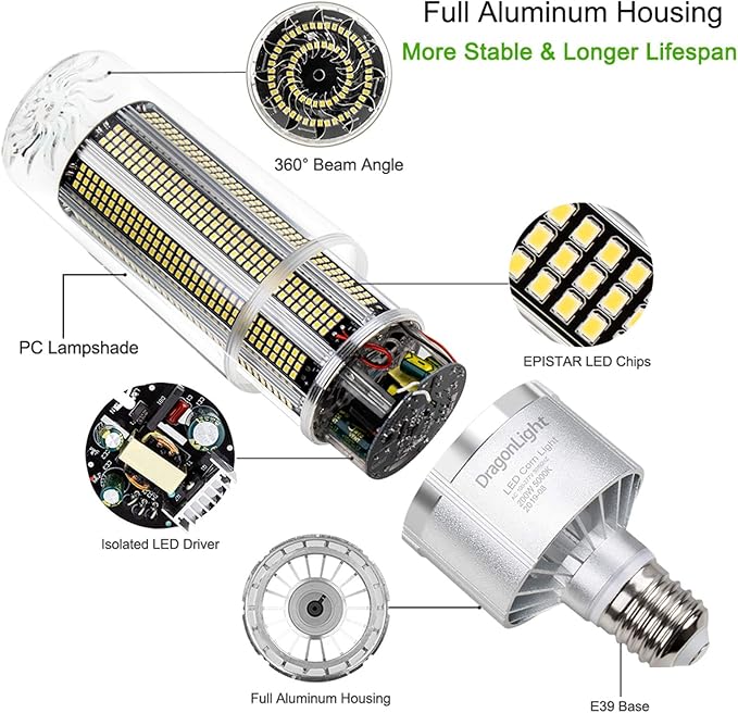 DragonLight 240W Commercial Grade Corn LED Light Bulb (1000 Watt Metal Halide/HID/HPS Replacement) E39 Large Mogul Base LED Lamp 5000K Daylight 32,400 LM for High Bay Area Lighting