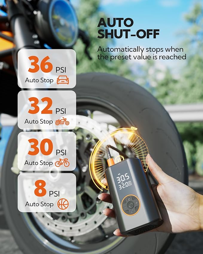 Tire Inflator Portable Air Compressor - Cordless Air Pump with Digital Tire Pressure Gauge, 3X Fast Inflation, Accurate Dual LCD Display & LED Light for Car Motorcycle E-Bike Ball