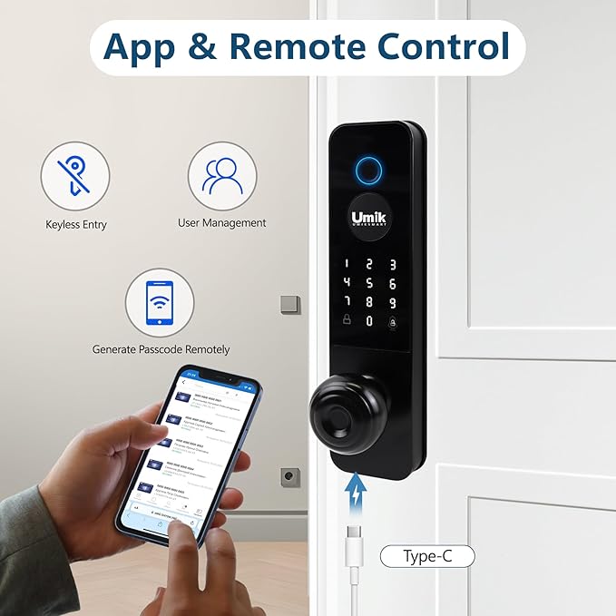 Fingerprint Smart Door Lock, 5-in-1 Keyless Entry Door Lock with Doorbell for Front Door, APP Remote Control (Black)