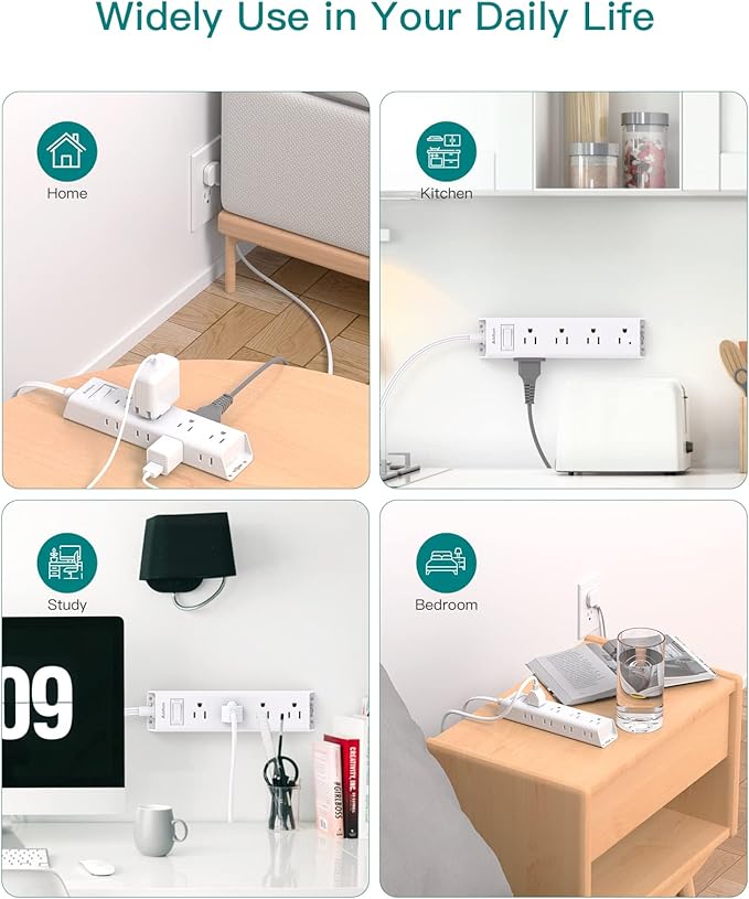 6Ft Extension Cord - Surge Protector Power Strip, Flat Plug, Addtam 12 Widely 3 Sides Outlet Extender, Wall Mount, Desktop Charging Station for Home Office College Dorm Room Essentials