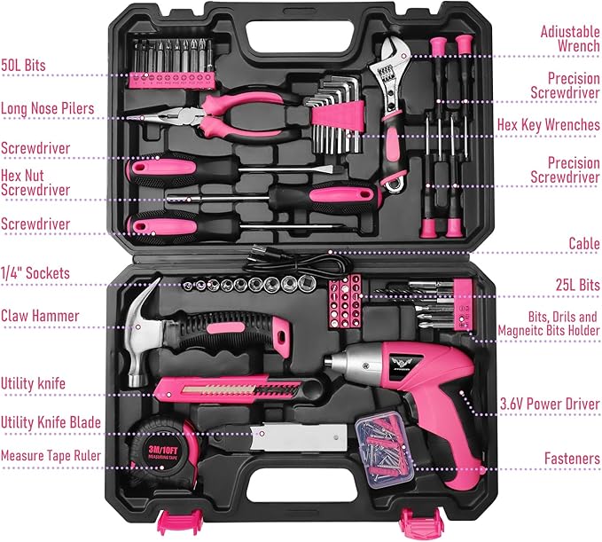 Pink Tool Kit with 3.6V USB Electric Screwdriver, 151 PCS Home Tool Set with Cordless Drill Set, Hand Tool Kits for Women