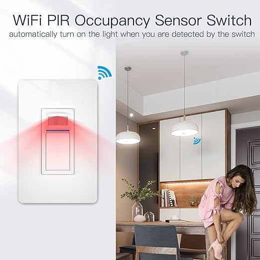 MOES Smart Motion Sensor Switch Single Pole, Needs Neutral Wire, Wi-Fi PIR Infrared Motion Activated Light Switch, Smart Life Tuya APP Remote Control Compatible with Alexa and Google, FCC Listed