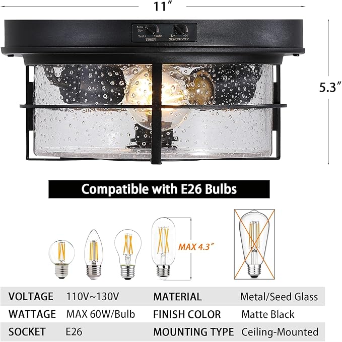 Motion Sensor Outdoor Flush Mount Ceiling Light - Sleek Round Exterior with Seeded Clear Glass - Perfect for Front Porch, Garage, Entryway
