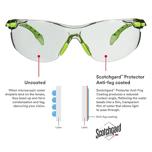 3M Safety Glasses, Solus 1000, S1207SGAF, ANSI Z87, Scotchgard Anti-Fog Lens, Green/Black Frame, Indoor/Outdoor Gray Lens, Padded Temple, Soft Nosebridge, UV Protection, Premium Eye Protection