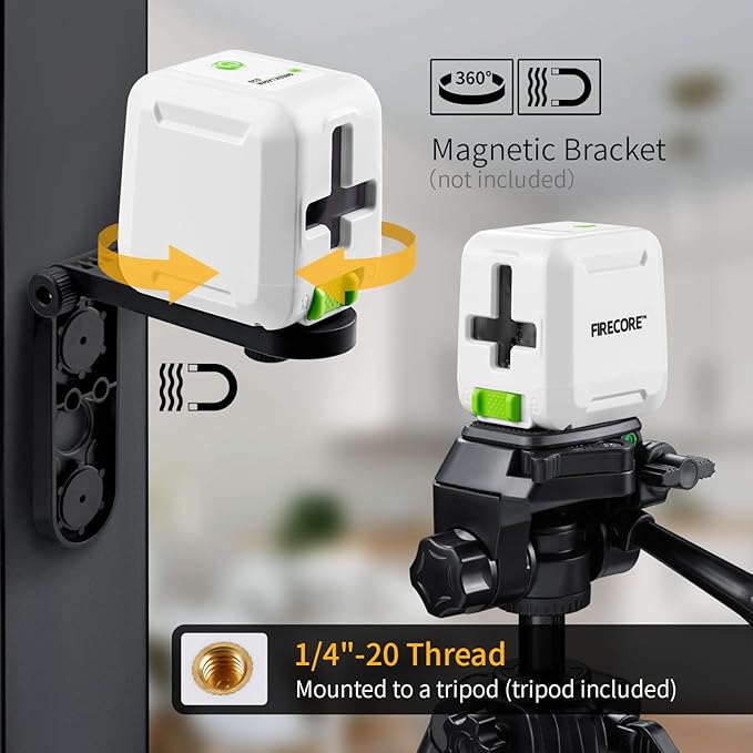 Laser Level with Tripod, Firecore 82Ft Green Self Leveling Cross Line Laser Measuring Leveler Tool for Hanging Pictures, DIY Indoor Project, 25" Tripod, Battery & Carry Pouch Included