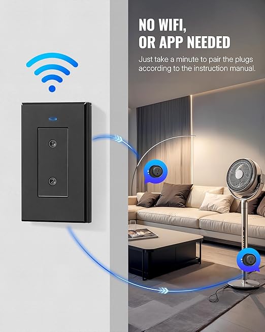 Black Remote Control Outlet Plug, WILAWELS Wireless Light Switch, On Off Remote Switch Outlet for Lights, Lamps, Home Appliance, 100ft RF Range, FCC Listed (1 Controller + 2 Outlets) H05RC1206