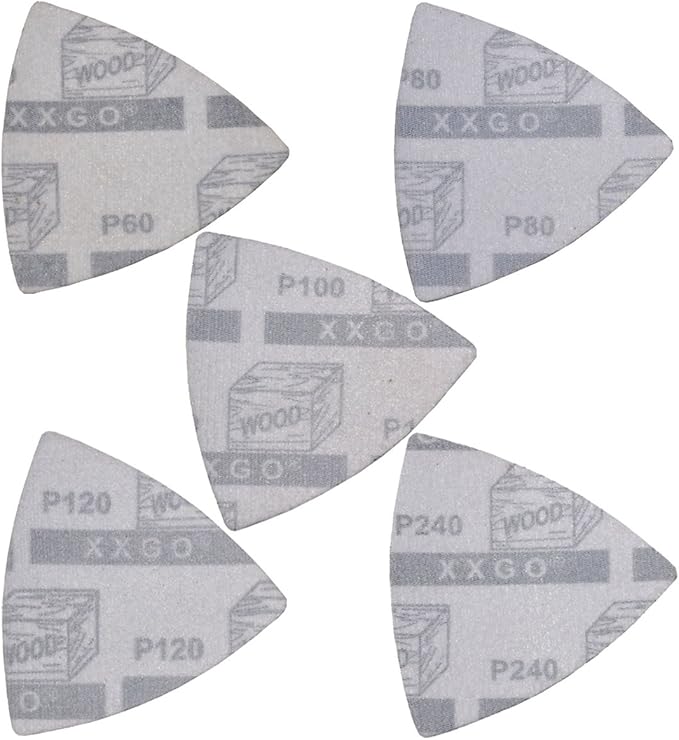 XXGO 105 Pcs Triangular 3-1/8 Inch 80mm 60 80 100 120 240 Grits Multitool Sanding Pads Kits Include 100 Pcs Triangle Sandpaper and 5 Pcs Triangle Sanding Pads XG105T
