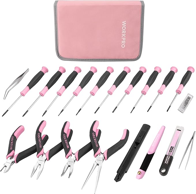 WORKPRO 33PCS Precision Repair Tool Set Includes Pliers Set, Screwdrivers Set, Craft & Utility Knife, Tweezers, Electronic Repair Tool Kit with Pouch for Laptops, Phones, Computer - Pink Ribbon