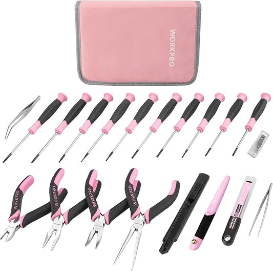 WORKPRO 33PCS Precision Repair Tool Set Includes Pliers Set, Screwdrivers Set, Craft & Utility Knife, Tweezers, Electronic Repair Tool Kit with Pouch for Laptops, Phones, Computer - Pink Ribbon
