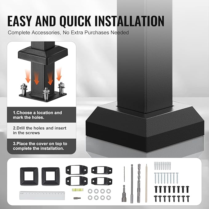 VEVOR Handrails for Outdoor Steps, 2 PCS 2 Step Stair Hand Rail Kit, Transitional Carbon Steel Railings with Installation Kit, Stair Rails for Seniors, Concrete & Porch & Deck, Black Square Tube