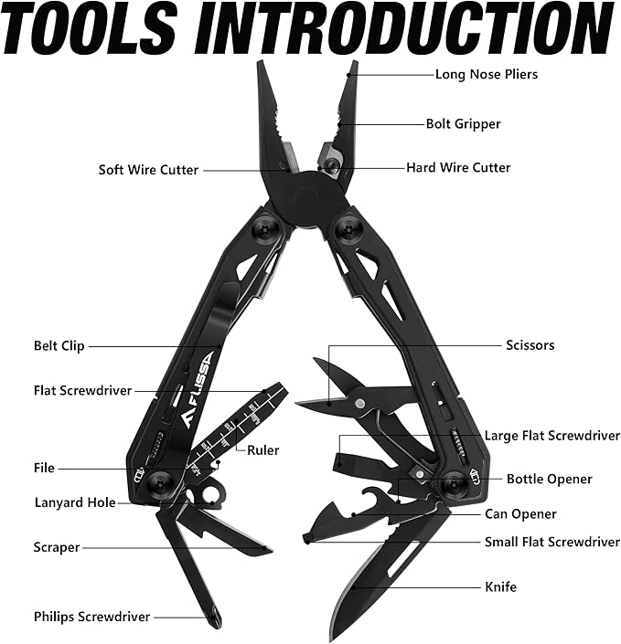 FLISSA 16-in-1 Stainless Steel Multi Tool, Gift for Dad, EDC Multitool with Pocket Knife, Pliers, Belt Clip and Oxford Sheath, Self-locking Utility Multi-Tool for Camping Survival Outdoor
