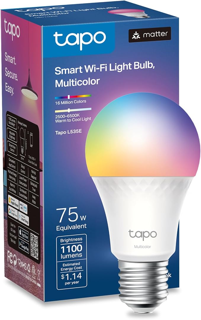 TP-Link Tapo Smart Light Bulbs, 1100 Lumens High Brightness(75W Equivalent), Matter-Certified, 16M Colors RGBW LED Bulb, Dimmable, CRI>90, Voice Control w/Siri, Alexa & Google Home, A19 E26 Tapo L535E