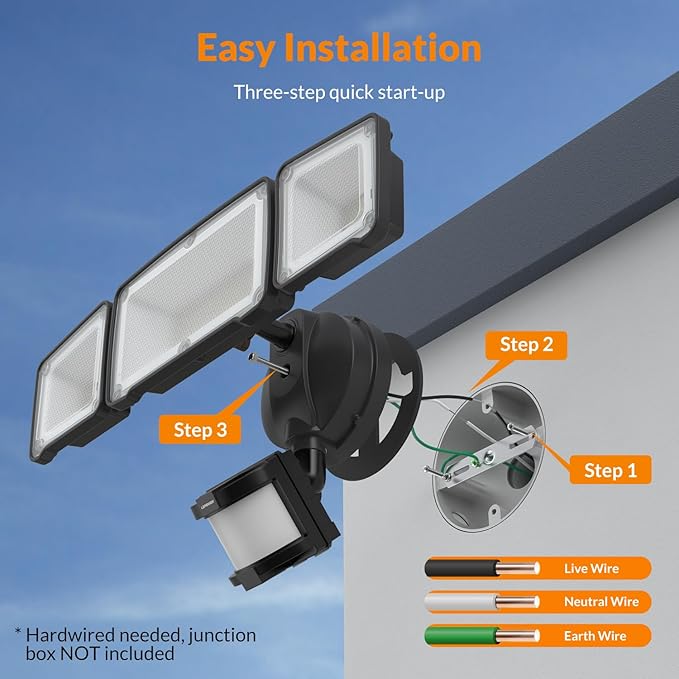 LEPOWER LED Motion Sensor Security Lights, 3 Head Motion Detected, 38W, 4200LM, Waterproof IP65, 5500K, Full Metal for Outdoor, Garage, Porch, Yard (Black)