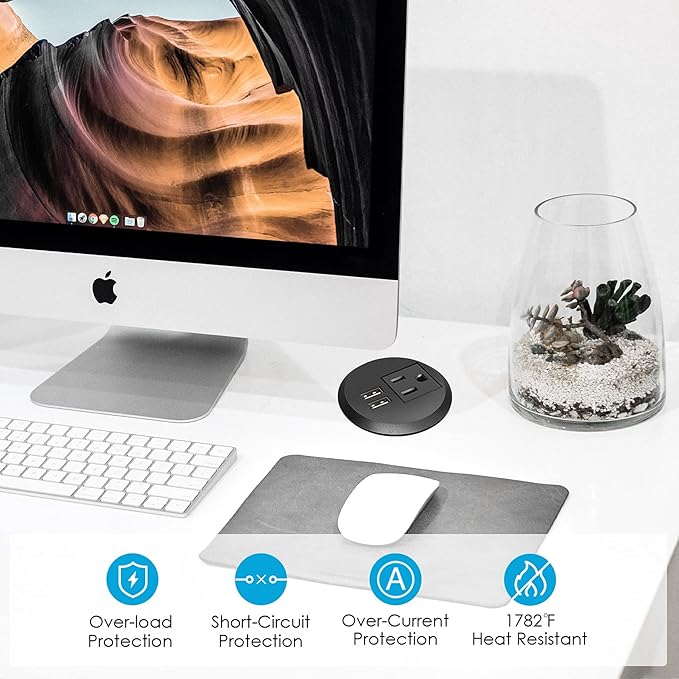 Jgstkcity Desktop Power Grommet, 2 inch, Black, 1 AC Outlet and 2 USB Ports, 6.56ft Cable, Fire Resistant Outer Shell