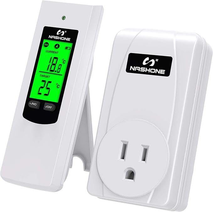 Nashone Wireless Plug in Thermostat, Digital Thermostat Outlet LCD Display Temperature Controller with Heating and Cooling Mode for Portable Heater, Wall Panel Heater, Window AC, and More