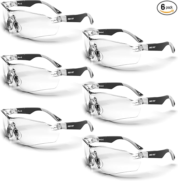 DEX FIT Safety Glasses SG210; 6 Pairs, Z87, Anti-Fog & Scratch Resistant, Adjustable for Women and Men, UV Protection (Black & Grey Frame, Clear Lens)