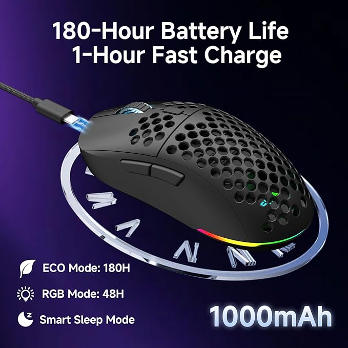 DIERYA M1 Wireless Gaming Mouse, 24000DPI, 180Hrs Battery, 16.8M RGB, 6 Programmable Buttons, Lightweight, Tri-Mode (2.4G/BT5.2/USB-C) for PC/Mac/Laptop - Black