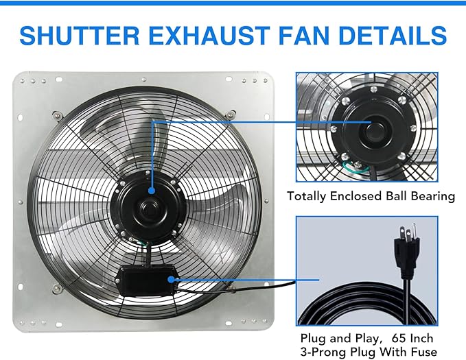 JPOWER 18 Inch Shutter Exhaust Fan, Gable Vent Fan, Wall Mount Ventilation, High Speed 2600 CFM, Automatic Aluminum Blades, for Garages, Shop, Greenhouse, Attic, with Power Cord