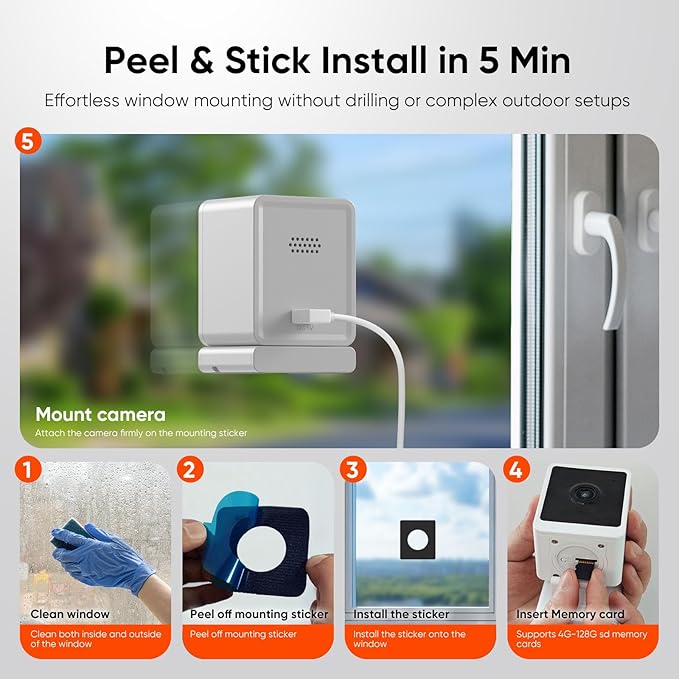Window Camera, 3MP 2K Home Security Camera for Indoor Glass Monitoring, 2.4GHz & 5GHz WiFi Wireless, AI Color Night Vision, Human & Motion Detection, 24/7 Recording, Easy & Quick Window Mount (2 Pack)