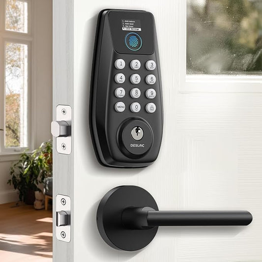 DESLOC C110 Keyless Entry Door Lock with 2 Lever Handles&Smart Screen, Digital Smart Front Door Lock Set, Fingerprint Door Locks, Keypad Deadbolt, Auto-Lock, Backlit Keys, Passage Mode, IP54, Black