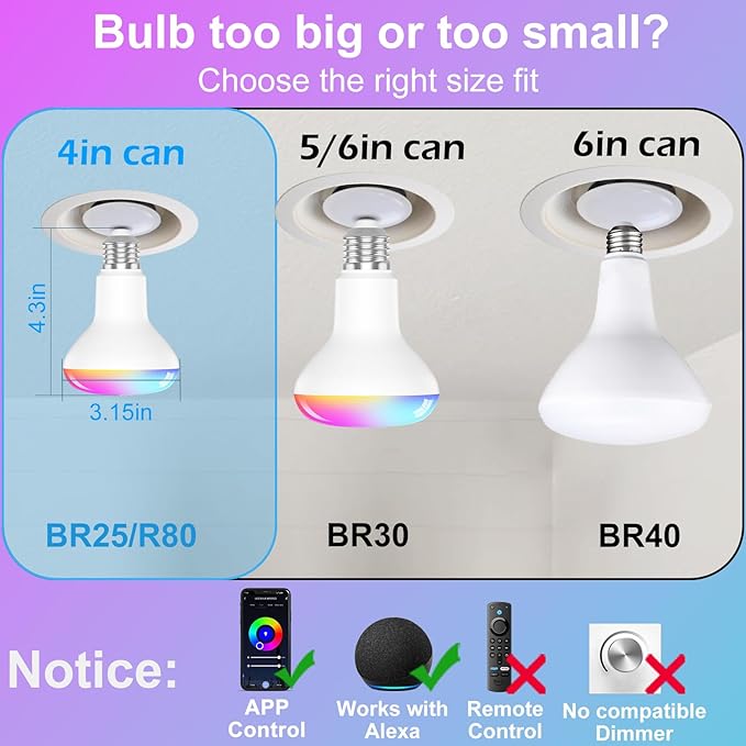 Smart RGB Bulb,BR25/R80,Smart Bulbs Compatible with Alexa,Color Changing LED WiFi Bulb 12W,2.4Ghz WiFi Only.E26/E27Base,4Packs