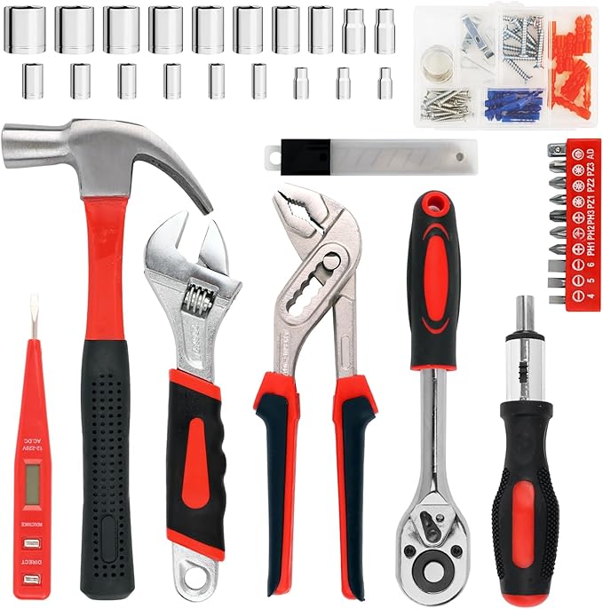 Yougfin 120 Piece Tool Set General Household Hand Kit with Plastic Toolbox Storage Case Red & Black