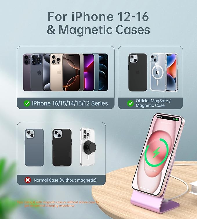 Magnetic Wireless Charger with Aluminum Charging Pad Stand Compatible with iPhone 16/15/14/13/12 Series，20W PD Charger&5ft Cable Included, Pink