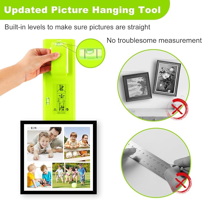 Picture Hanging Kit, Goodsnova Picture Hanging Tool with Level for Easy Marking Position, Including 218PCS Instaframe Hanging Kit with Hooks, Nails, Wires, Hammer for Art/ Photos (Green)