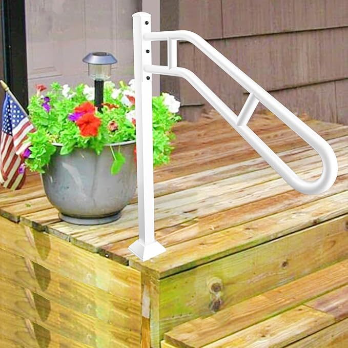 Upgraded Single Post Handrail, White Bent Wrought Iron Handrails for Outdoor 1-3 Steps, Metal Freestanding Porch Railing, Floor Mounted Stair Rails with 2 Anti-Skid Crossbar for Garage, 32"L x 35.8" H