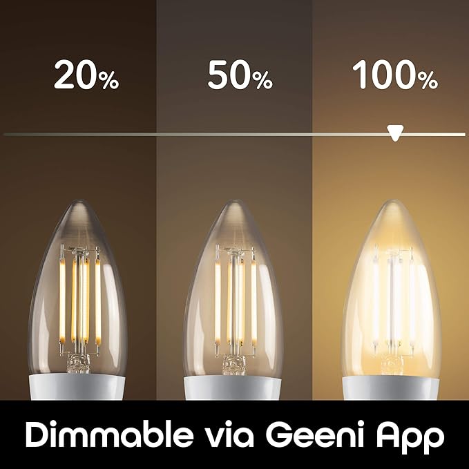Geeni LUX Edison B11 Filament WiFi LED Smart Bulb, B11 Candelabra, 4W, E12 Base, Dimmable, White Light, Compatible with Amazon Alexa & Google Home - No Hub Required- 4 Pack