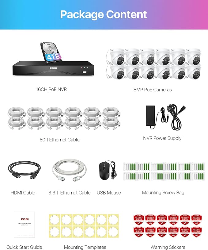 ZOSI 32CH 4K PoE Security Camera System with Person/Vehicle Detection,12x 8MP Indoor Outdoor Dome Cameras,2 Way Audio,Color Night Vision,16Port 32Channel NVR with 4TB HDD for 24/7 Business Recording