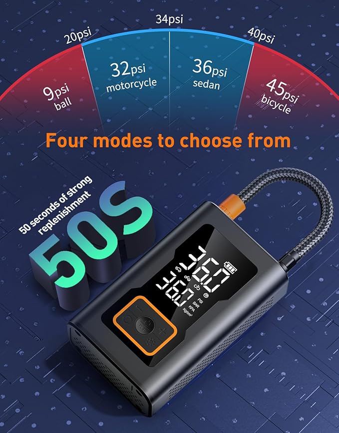 Tire Inflator Portable Air Compressor,Portable Tire Inflator for Car,Compact Air Pump for Car Tires,Bicycle,Ball,Rechargeable Air Pump with Digital Pressure Gauge and LED Lighth