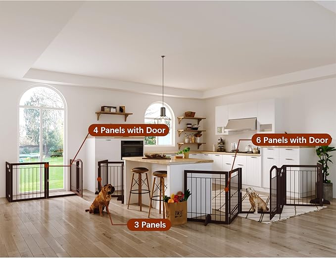 JSB 144-inch Extra Wide 30-inch Tall Dog gate with Door Walk Through, Freestanding Pet Gate for Halls, Stairs & Home, Pet Puppy Safety Dog Fence with 2PCS Support Feet (Espresso)