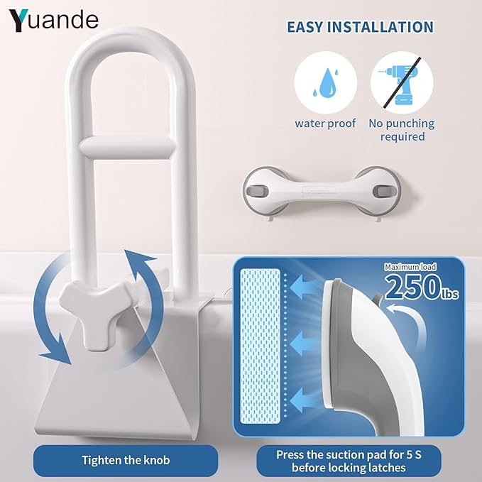 Adjustable Bathtub Safety Rail with Showers Suction Handle,YuanDe 17x6 Inch Stainless Steel Tub Handle Grab Bar, Heavy Duty Bath Handles Clamp for Elderly Seniors Injury Disabled (300 LBS), White