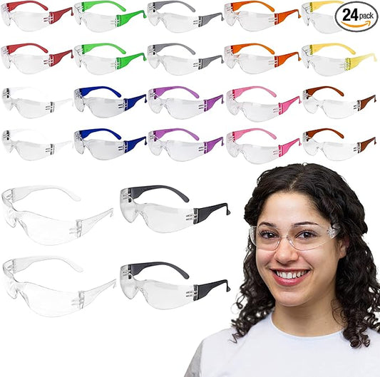 BISON LIFE Clear Lens Color Temple Safety Glasses | One Size, Adult, Youth, Clear Protective Polycarbonate Lens Color Temple, Variety, 24 PAIRS